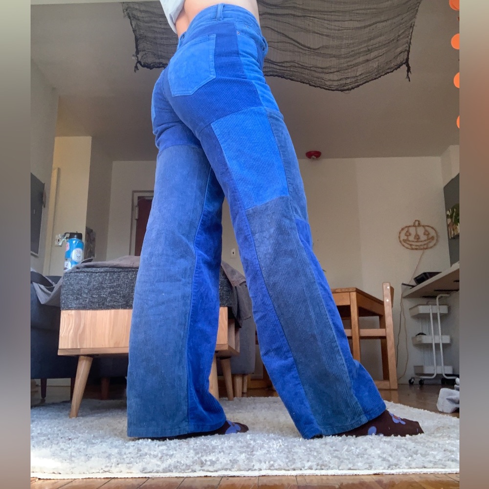 blue patchwork corduroy pants